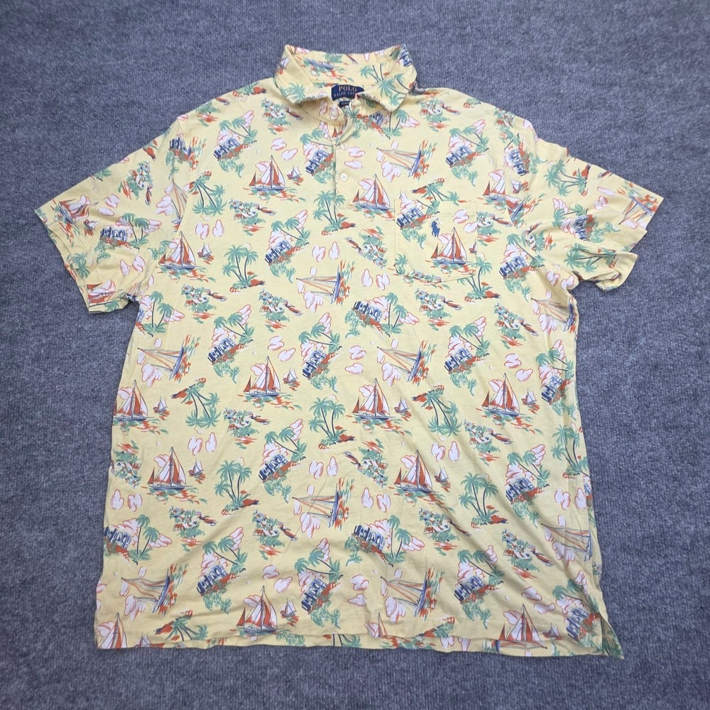 Polo Ralph Lauren Nautical Polo Shirt Men's XL Yellow AOP Sailboat Graphic